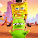 SpongeBob rides his seahorse with a confident smirk as Patrick floats beside him with a beaming smile on his face.